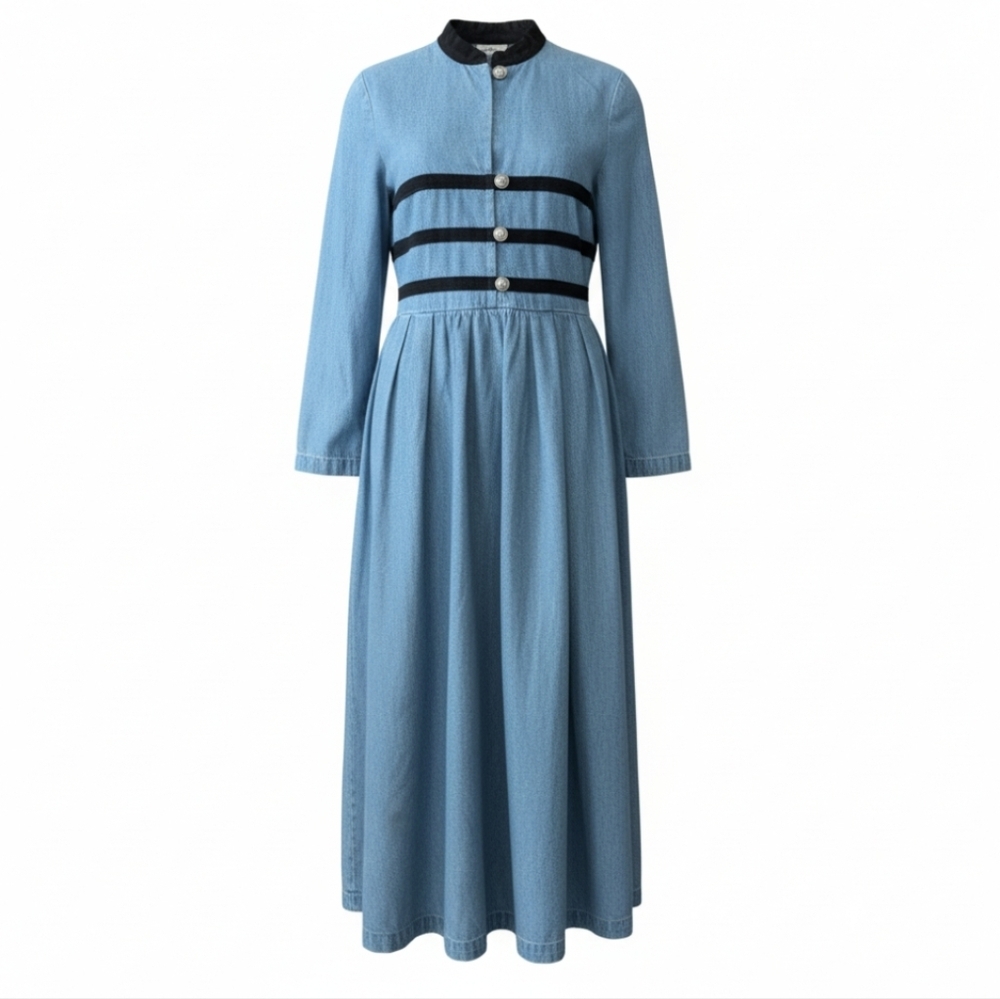 Vtg 90s long blue denim Cottagecore tie back dress black velvet trim Sz 14